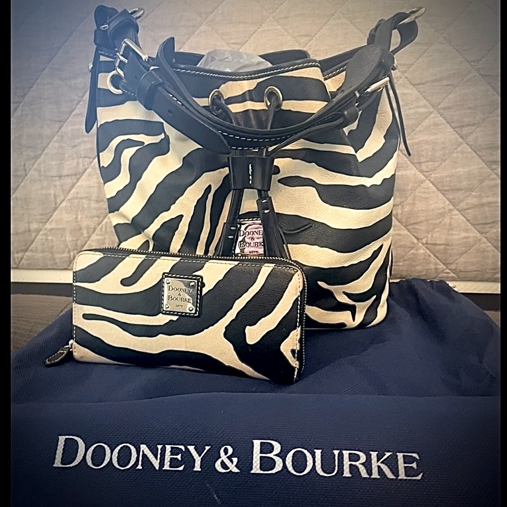 Dooney & Bourke Leather Bucket Purse + Y2K Long Wallet in Zebra Print